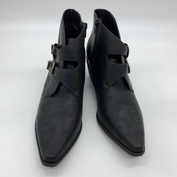 Black Ankle Bootie Women Size 10 Solid Faux leather Pointed Toe Heeled Buckle - Picture 2 of 8